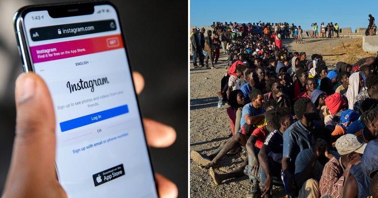 Pohľad na migrantov a otvorenú aplikáciu Instagram