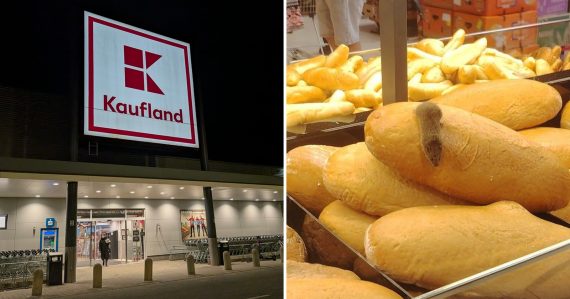 Záber na vchod do Kauflandu a na myš medzi pečivom