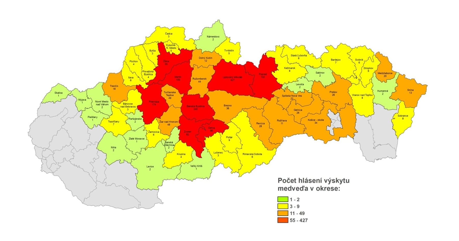 Mapa hlásení výskytu medveďov na Slovensku