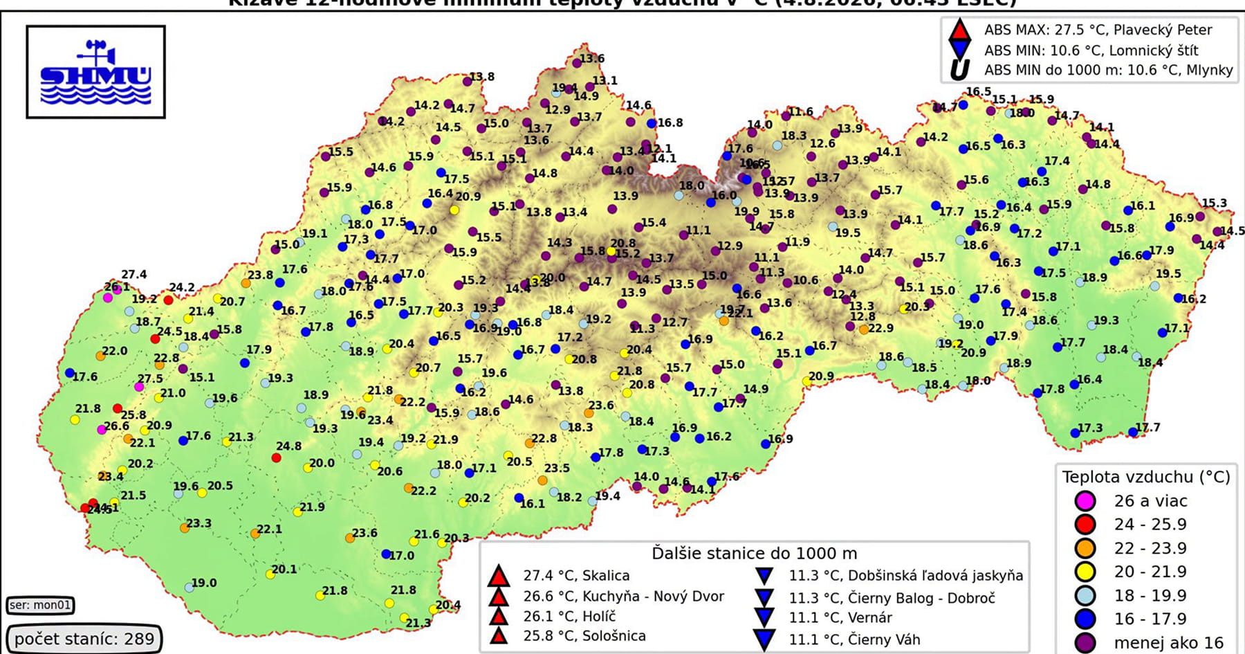 Mapa nočných teplôt na Slovensku