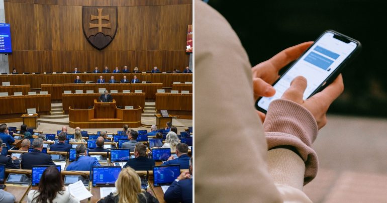 Národná rada a ruka držiaca mobilný telefón