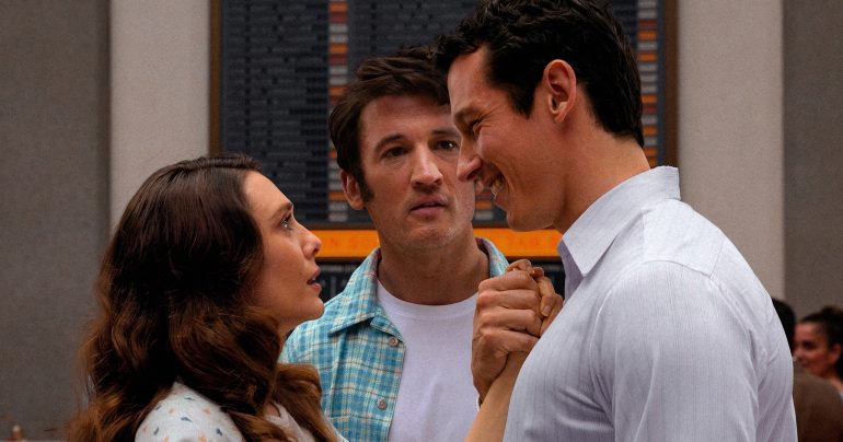 Callum Turner, Elizabeth Olsen a Miles Teller vo filme Eternity