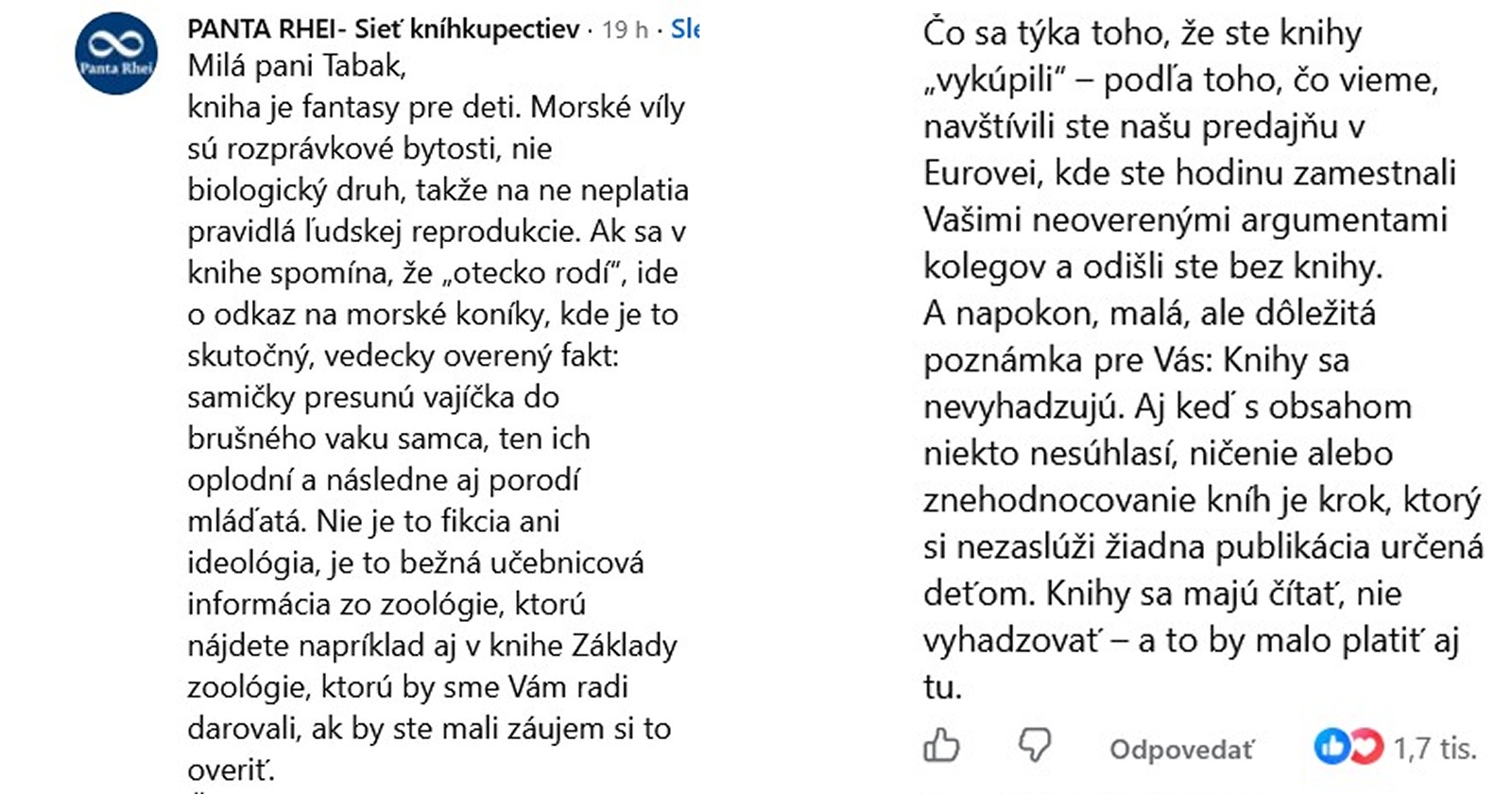 Reakcia spoločnosti Panta Rhei na Romanu Tabak