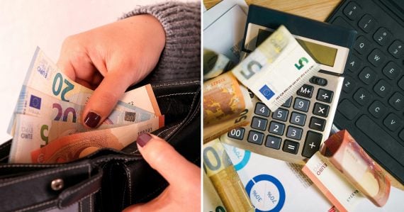 Žena drží peňaženku s peniazmi a kalkulačka s eurobankovkami