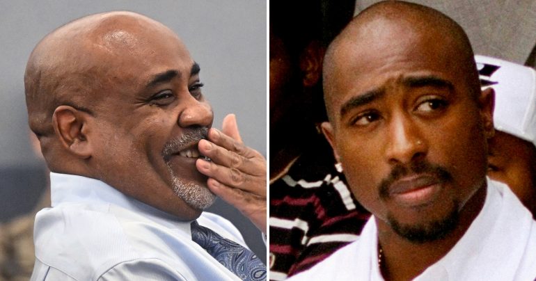 Duane Davis sa smeje na súde a záber na Tupaca z roku 1996