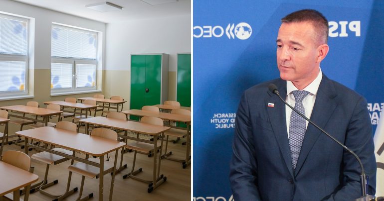 Prázdna trieda a minister školstva Tomáš Drucker