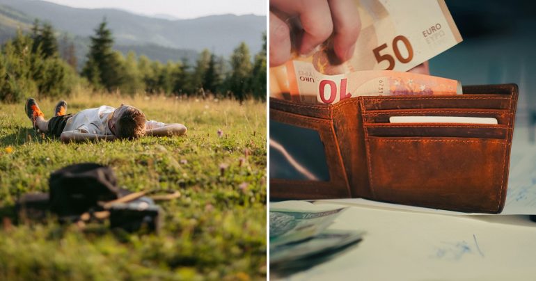 Muž ležiaci v tráve a peňaženka s eurobankovkami