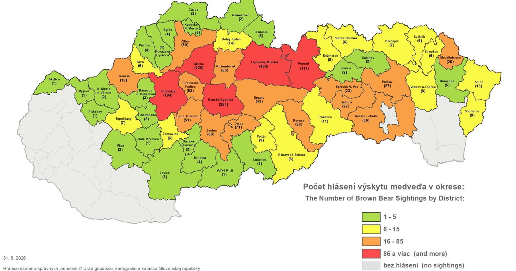 Mapa hlásení medveďa hnedého na Slovensku
