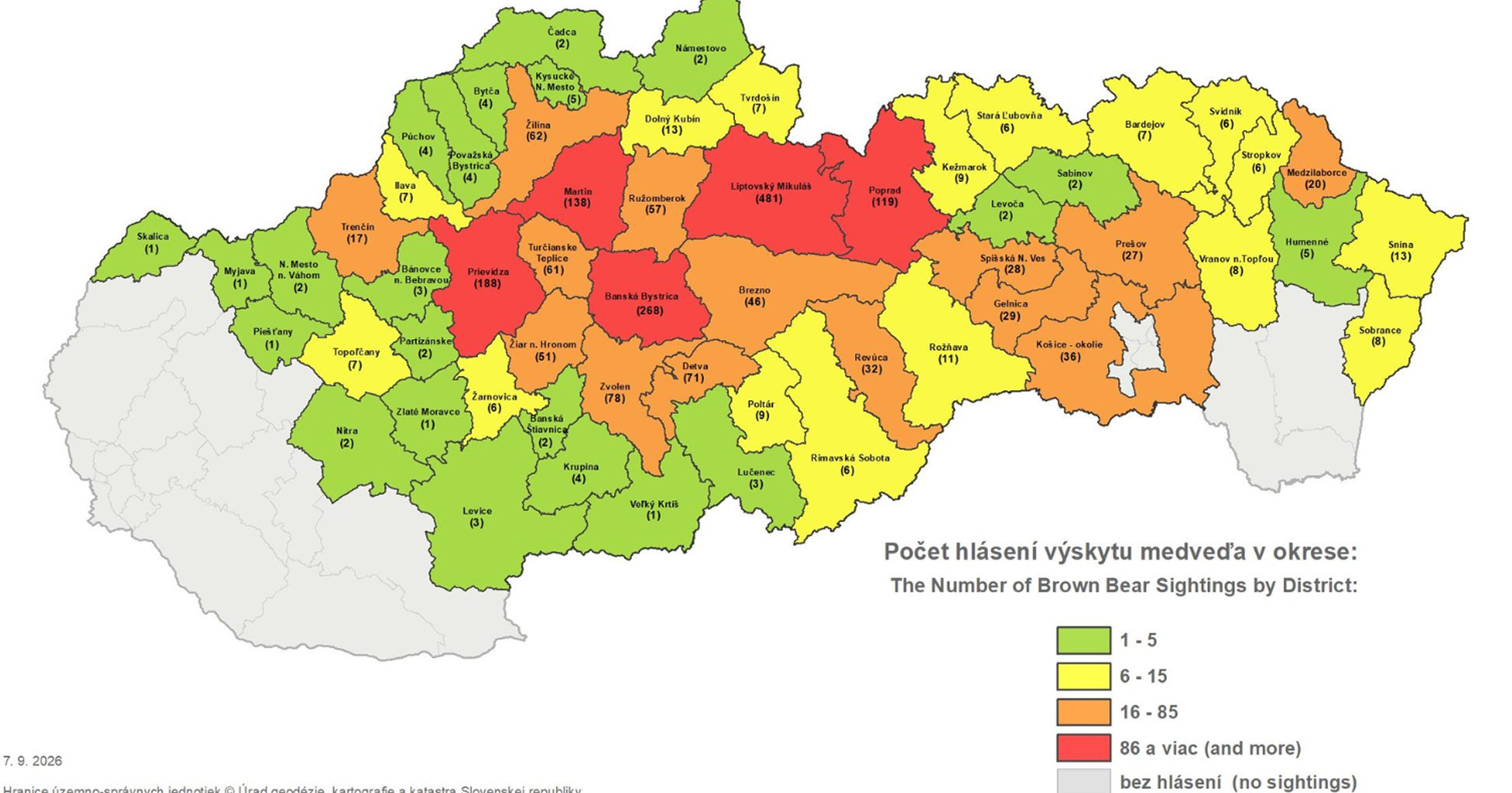 Mapa hlásení medveďa hnedého na Slovensku