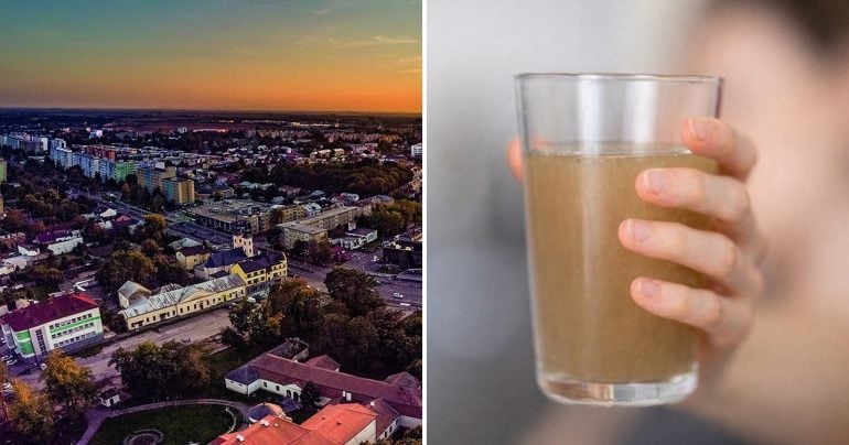 Záber na Michalovce a zakalenú vodu v pohári