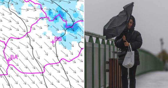 Žena s dáždnikom vo vetre a záber na radar SHMÚ