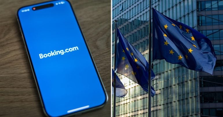 Záber na smartfón na ktorom je logo Booking.com a vedľa vlajky európskej únie