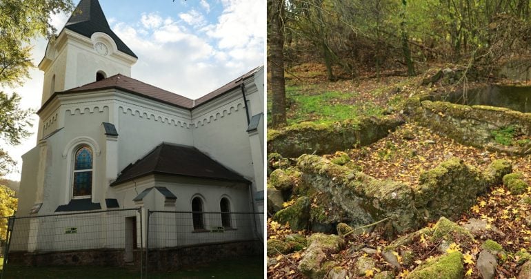 Kostol sv. Vavrinca a ruiny domov v Horných Opatovciach.