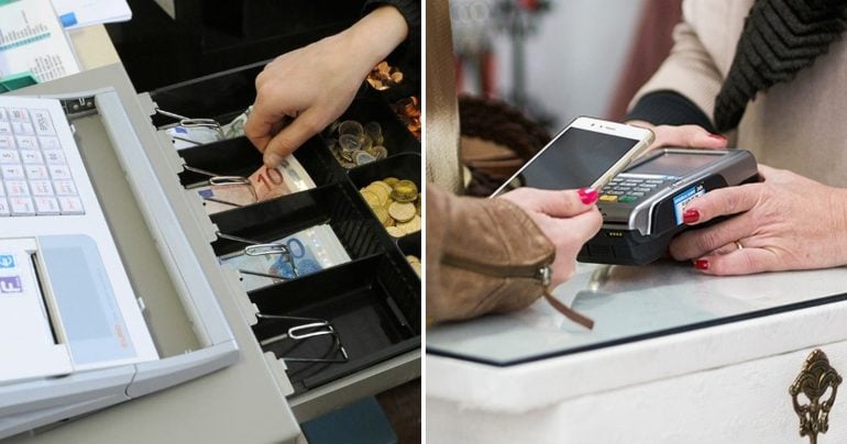 Záber na pokladnicu a platbu mobilom