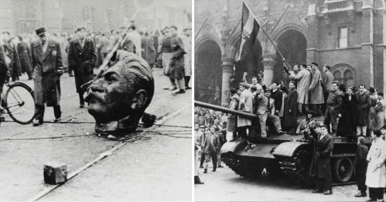 Maďarské povstanie - zničená Stalinova socha a zajatý tank