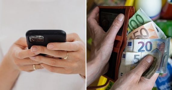 Mobil v ruke a peňaženka s peniazmi