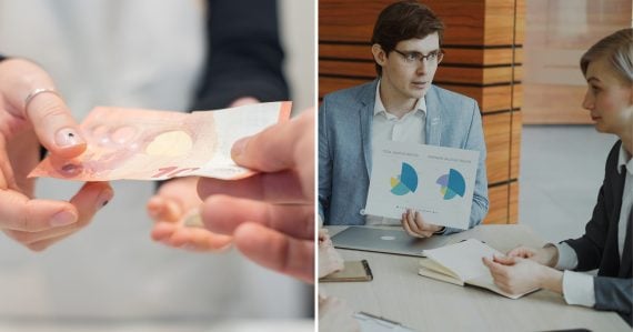 10-eurová bankovka a muž s grafom vysvetľuje žene