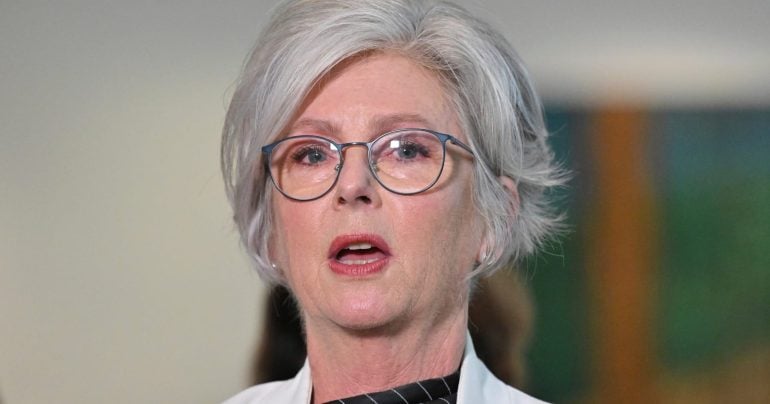 Australian independent member of parliament Helen Haines speaks at a press conference at Parliament House in Canberra, Australia, Tuesday, May 26, 2026. (Mick