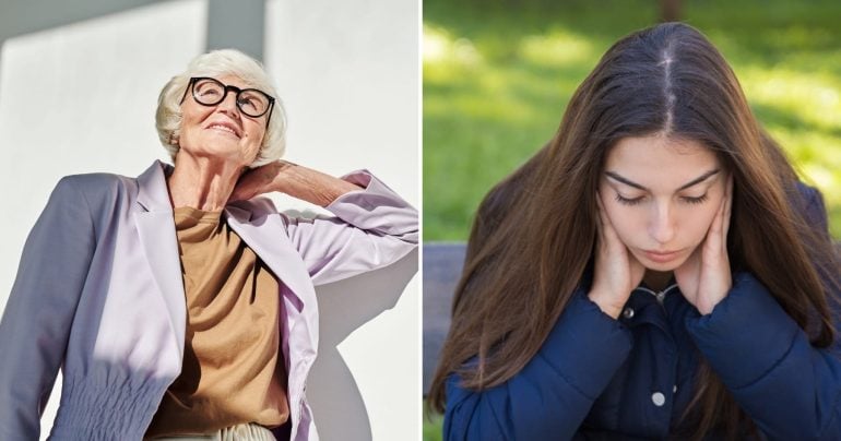 Pohlad na starú usmiatu ženu a mladú smutnú ženu