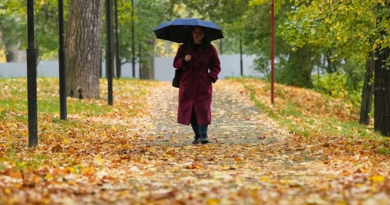 Moskva - Žena kráča cez park pokrytý popadaným lístím počas daždivého počasia v Moskve 6. októbra 2026