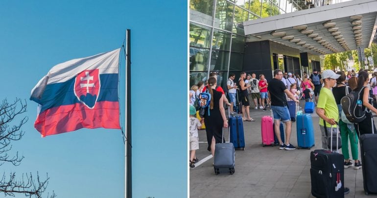 Slovenská vlajka a turisti pred letiskom
