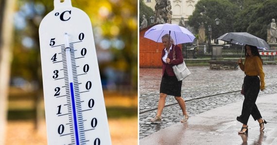Záber na teplomer a na ľudí v daždi