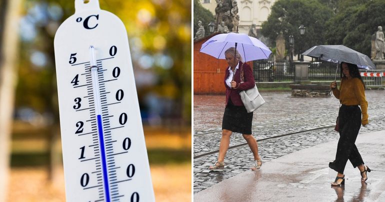 Záber na teplomer a na ľudí v daždi