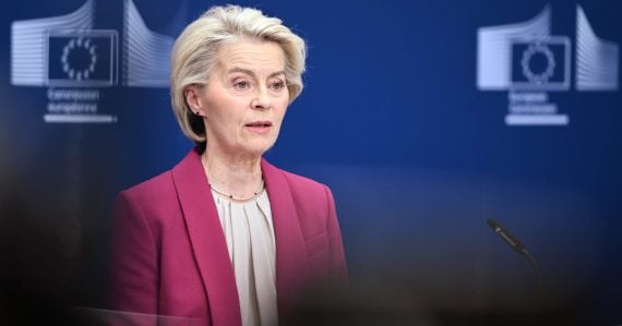 European Commission President Ursula von der Leyen issues a statement on the Large Scale Review at EU headquarters in Brussels, Monday, Oct