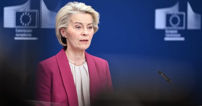 European Commission President Ursula von der Leyen issues a statement on the Large Scale Review at EU headquarters in Brussels, Monday, Oct