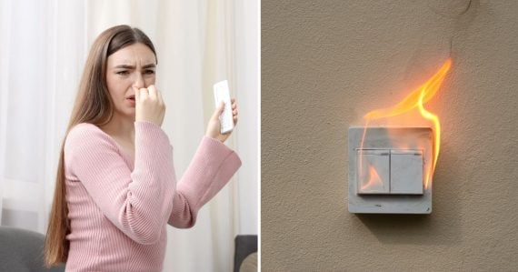 Žena cítiaca zápach z horiaceho vypínača
